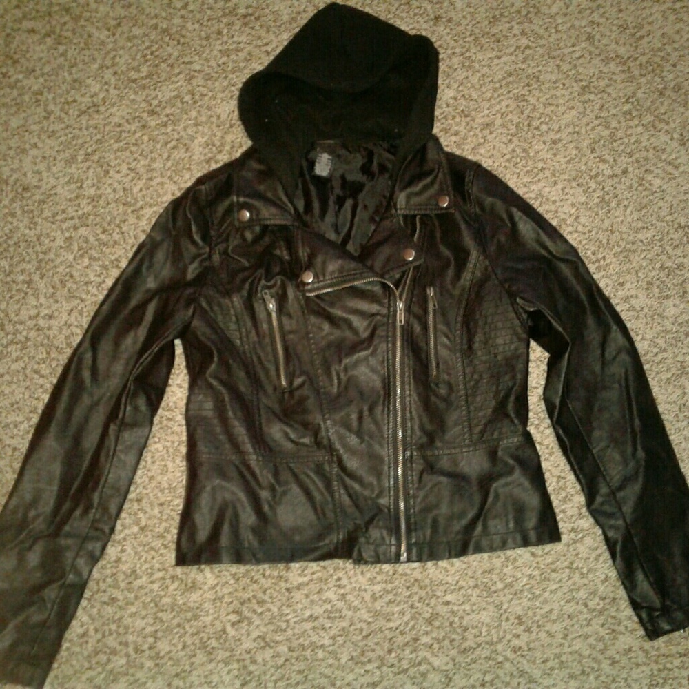 Womens faux leather zip up hooded jacket